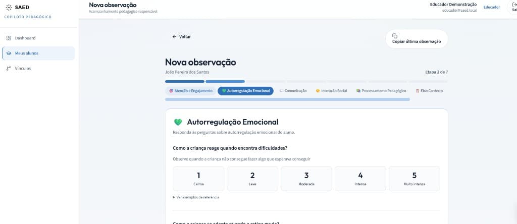 Perguntas por eixo, escalas simples e exemplos de referência — etapa a etapa.